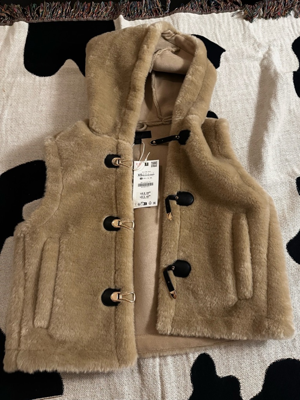 Zara Faux Shearling Hooded Vest in Camel